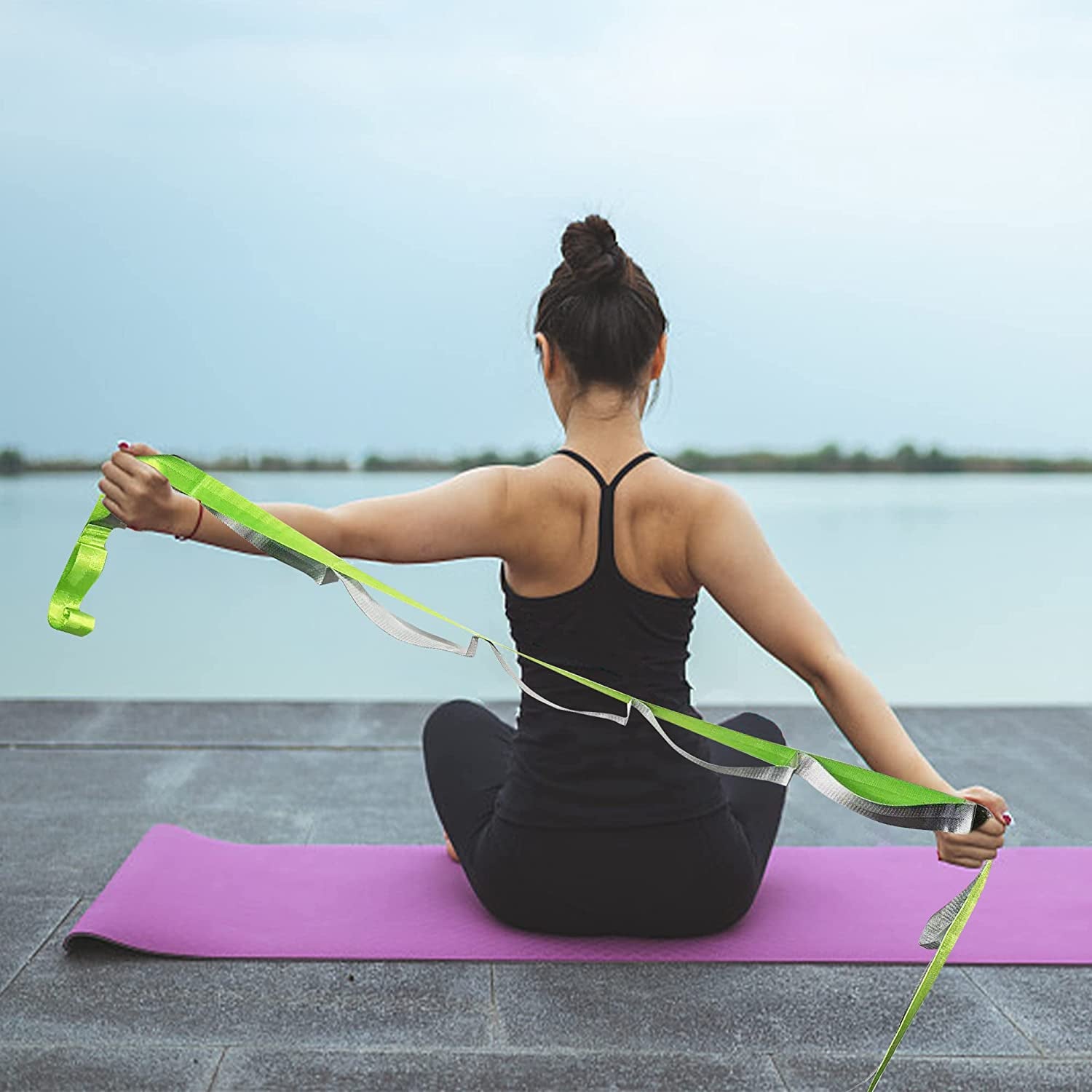 Yoga Stretching Strap with 12 Loops and Workout Poster - Versatile Physical Therapy Equipment for Exercise, Pilates, and Gymnastics for All Fitness Levels