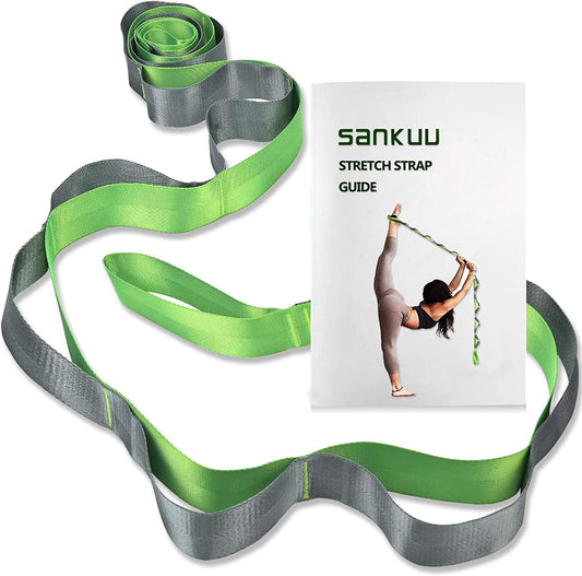 Yoga Stretching Strap with 12 Loops and Workout Poster - Versatile Physical Therapy Equipment for Exercise, Pilates, and Gymnastics for All Fitness Levels